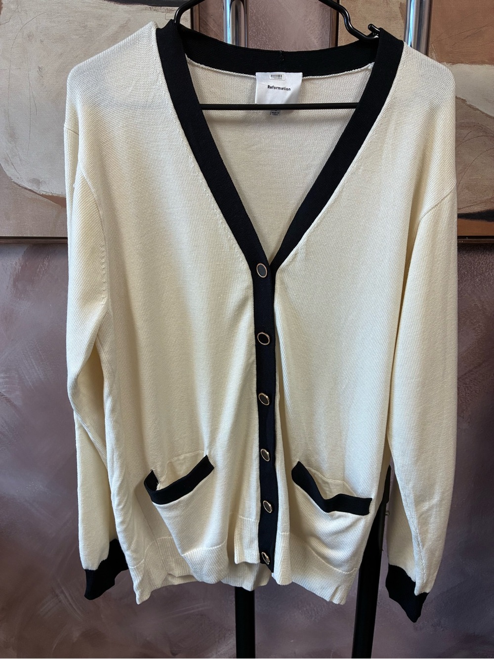 Reformation Cream V-Neck Cardigan with Black Trim size S MSRP $250 - Picture 2 of 8